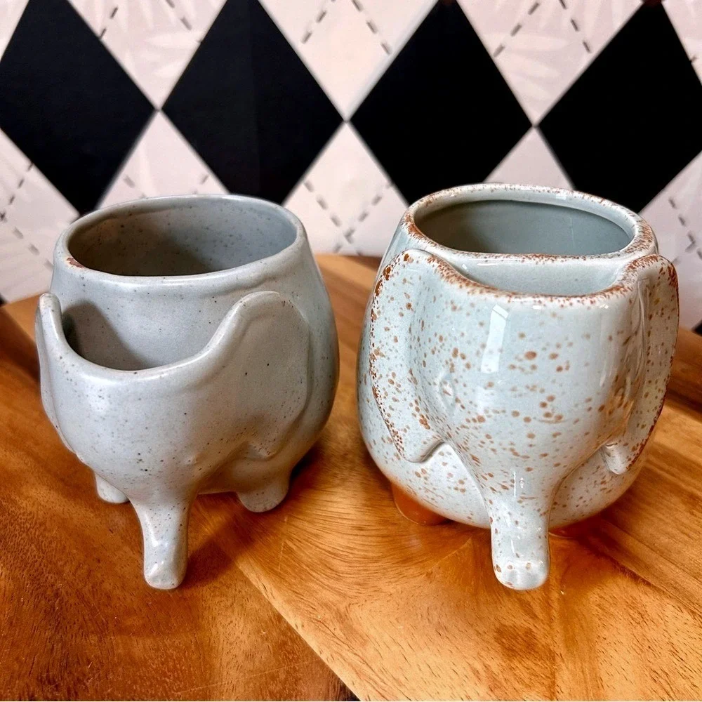Elephant Ceramic Mugs Pair Pottery Cups with Tea Bag Holder‎ Pocket